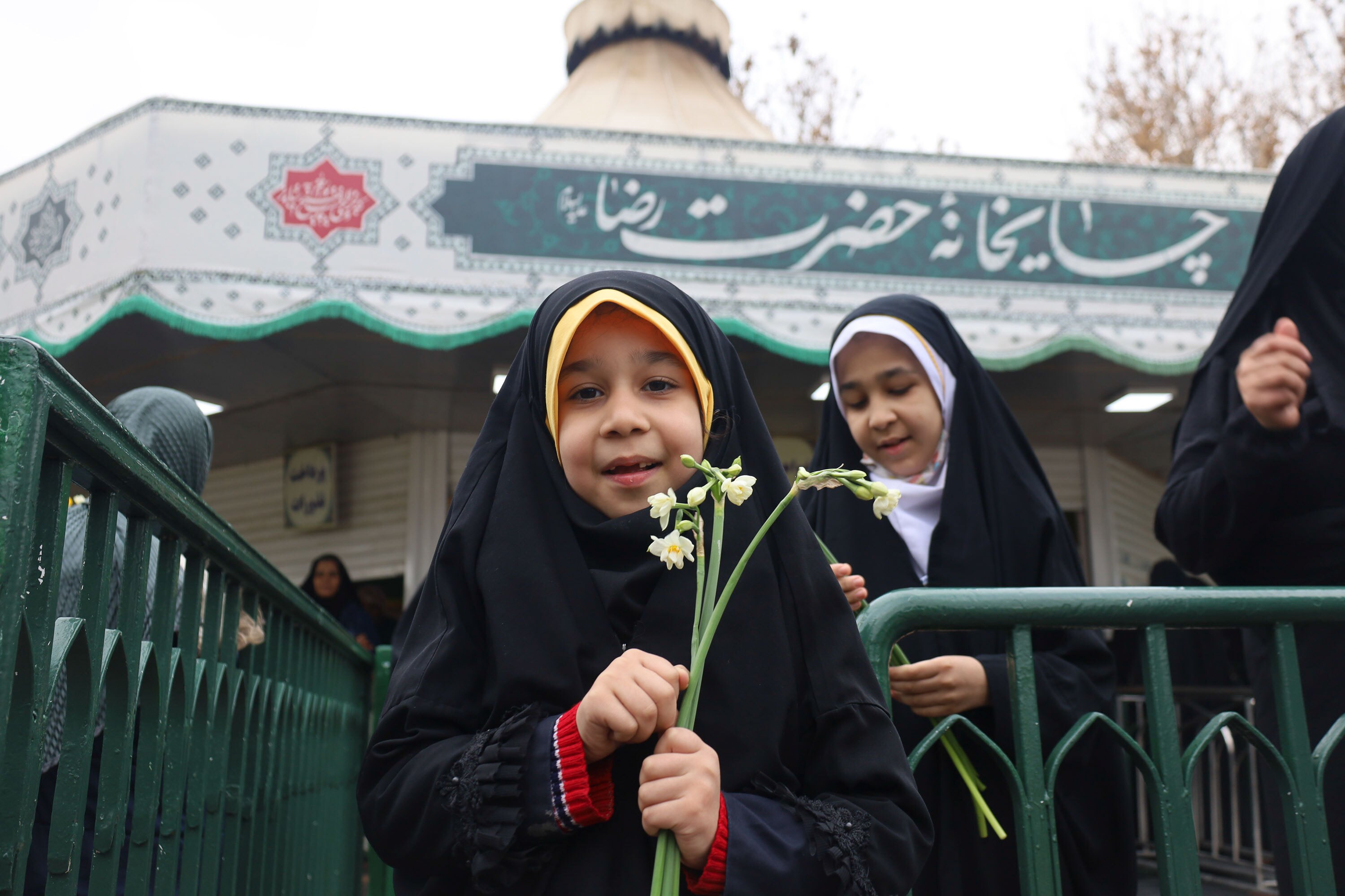 توزیع گل نرگس در چایخانه حرم مطهر رضوی